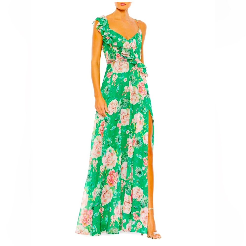 NWT Mac Duggal Floral Ruffle Embellished Wedding Formal Dress Size 0 $398 #9175